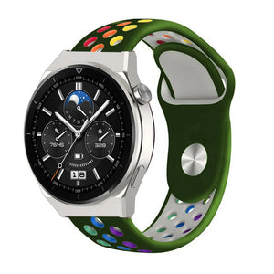 Silicone Sport Strap, army green/colourful, on a watch, 3/4 front view