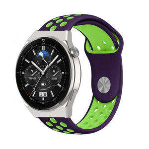 Silicone Sport Strap, purple/green, on a watch, 3/4 front view