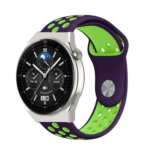 Silicone Sport Strap, purple/green, on a watch, 3/4 front view