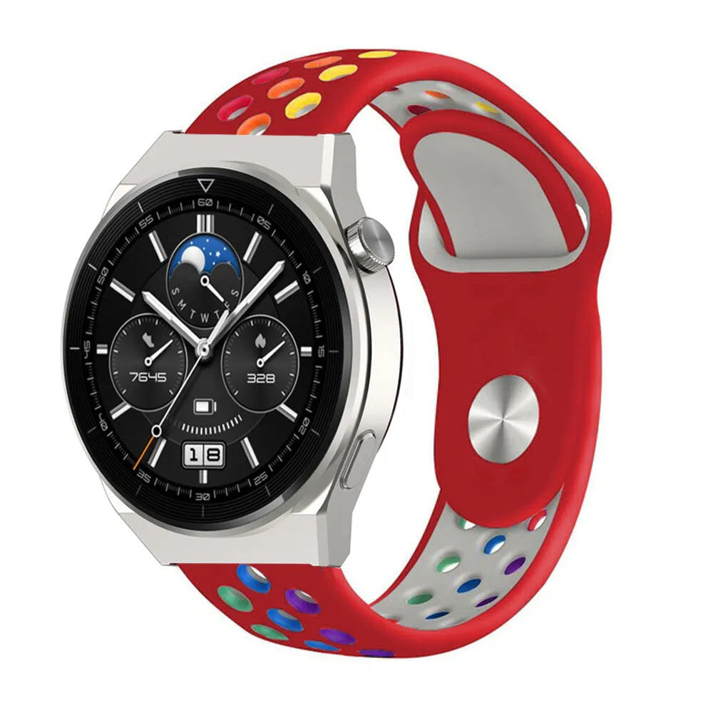Silicone Sport Strap, red/colourful, on a watch, 3/4 front view
