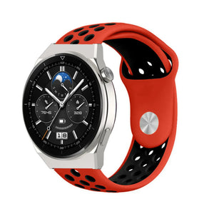 Silicone Sport Strap, red/black, on a watch, 3/4 front view