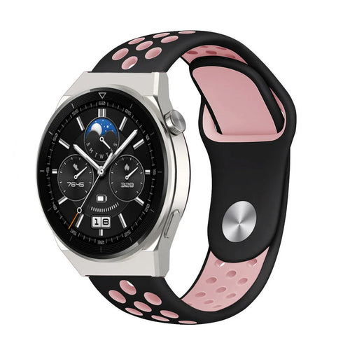Silicone Sport Strap, black/pink, on a watch, 3/4 front view