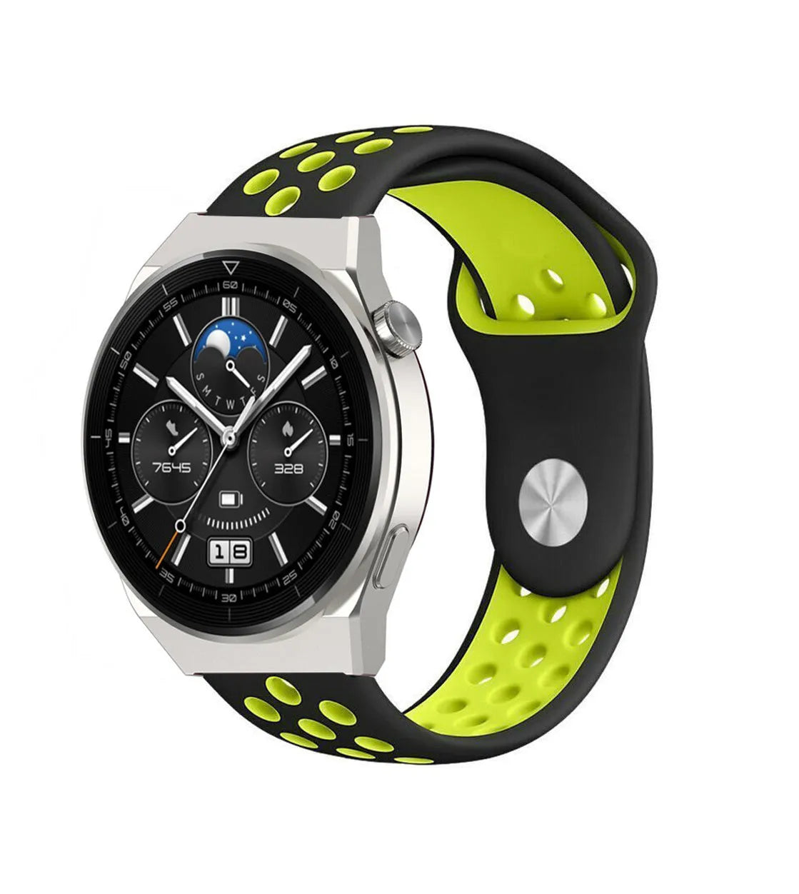 Silicone Sport Strap, black/yellow, on a watch, 3/4 front view