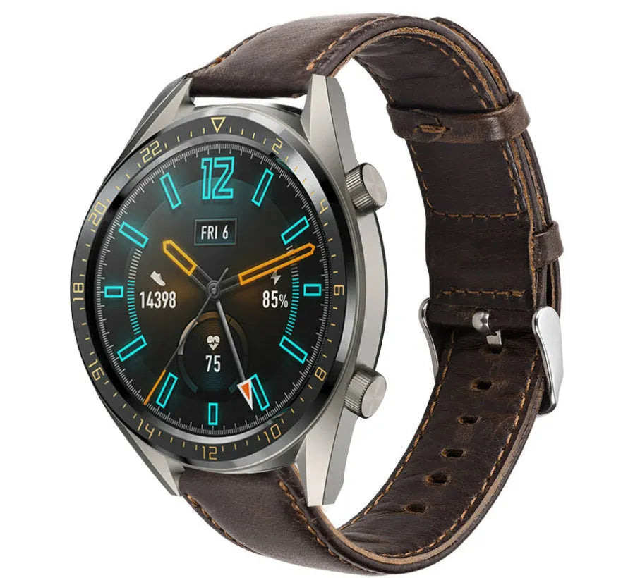 Leather Strap, dark brown, on a watch, 3/4 front view