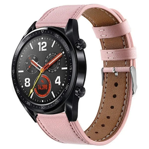 Modern Leather Strap, pink, on a watch, 3/4 front view