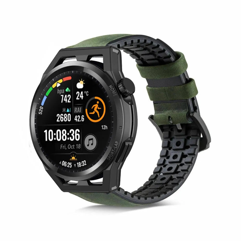 Leather Hybrid Strap, black/green, on a watch, 3/4 front view