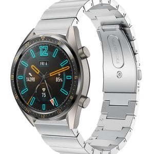 Premium Metal Strap, silver, on a watch, 3/4 front view