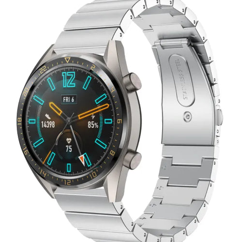 Premium Metal Strap, silver, on a watch, 3/4 front view