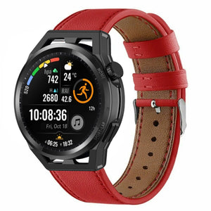 Modern Leather Strap, red, on a watch, 3/4 front view