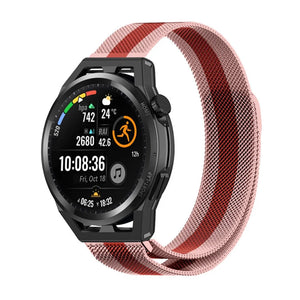Milanese Strap, red/pink, on a watch, 3/4 front view