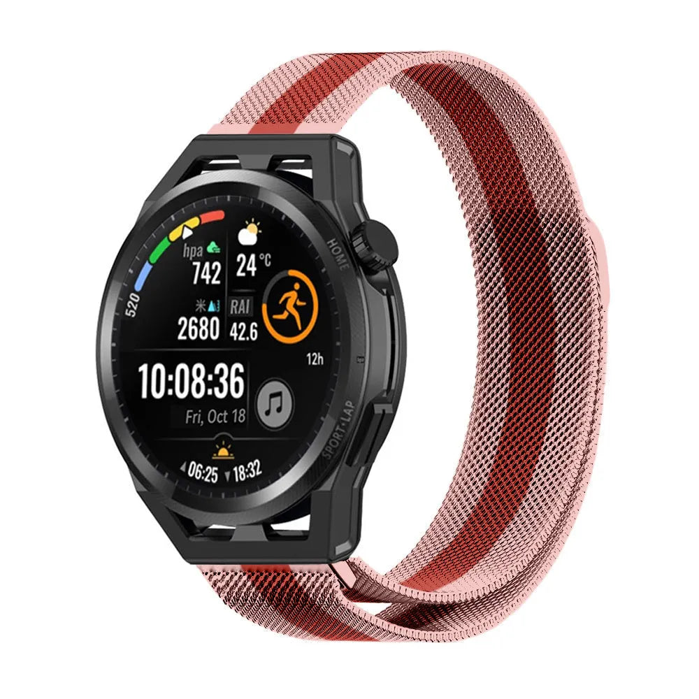 Milanese Strap, red/pink, on a watch, 3/4 front view