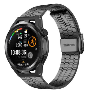 Fine Steel Strap, black, on a watch, 3/4 front view