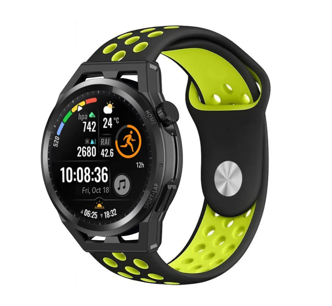 Silicone Sport Strap, black/yellow, on a watch, 3/4 front view