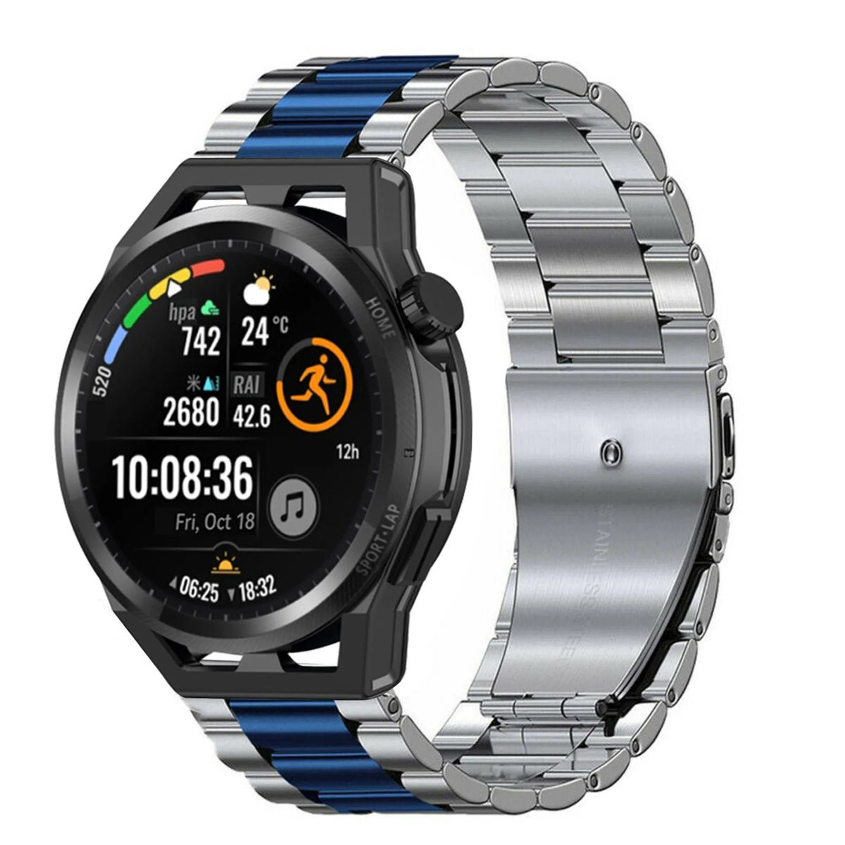 Steel Strap, silver/blue, on a watch, 3/4 front view