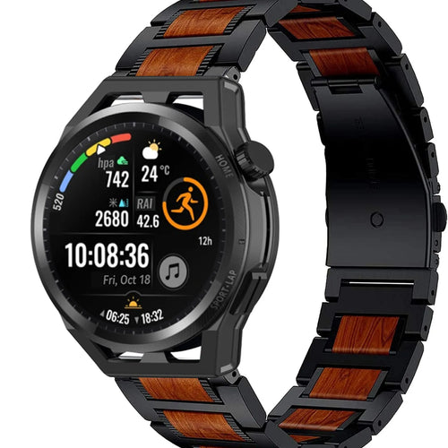 Wood Steel Strap, black, on a watch, 3/4 front view