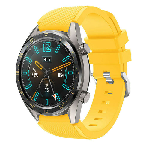 Twill Silicone Strap, yellow, on a watch, 3/4 front view
