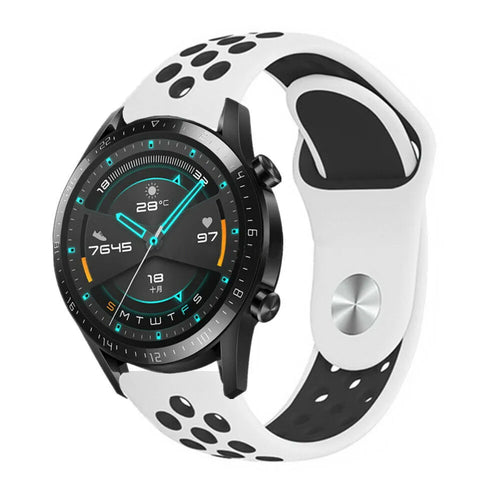 Silicone Sport Strap, white/black, on a watch, 3/4 front view