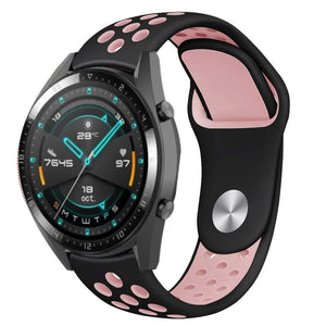 Silicone Sport Strap, black/pink, on a watch, 3/4 front view