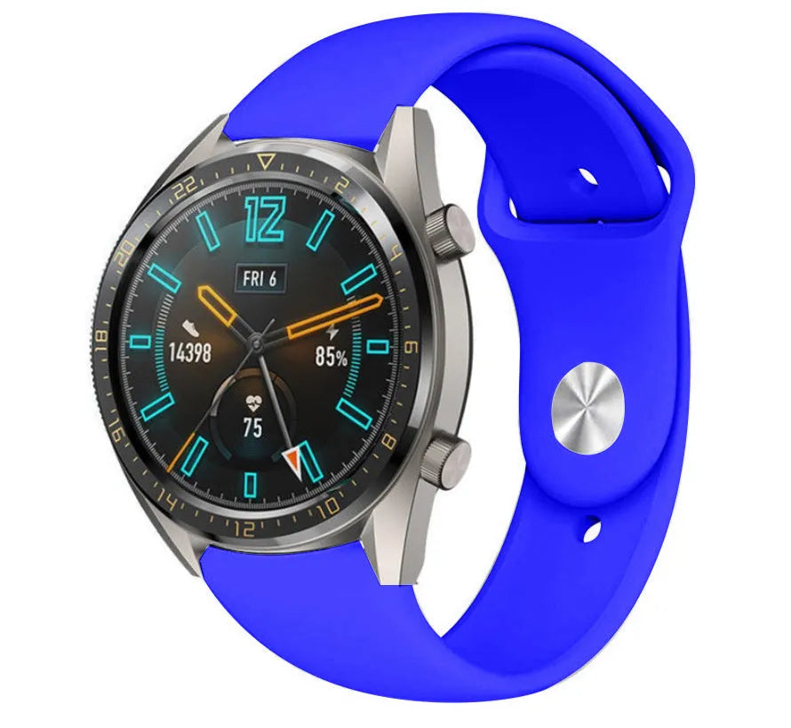 Silicone Sport Strap, blue, on a watch, 3/4 front view