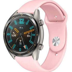 Silicone Sport Strap, pink, on a watch, 3/4 front view