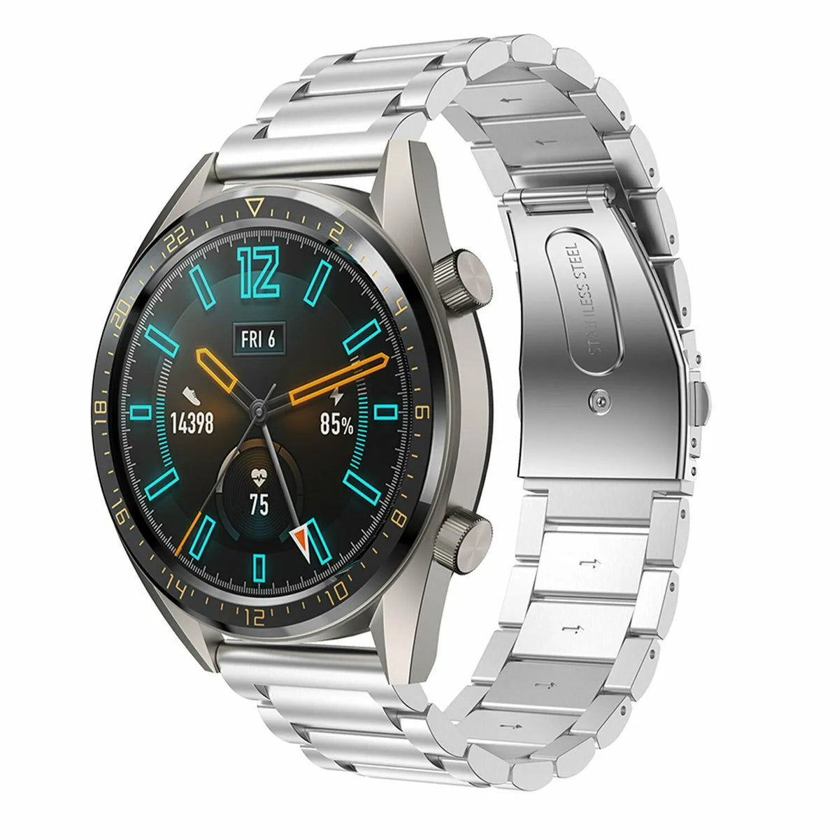 Steel Strap, silver, on a watch, 3/4 front view