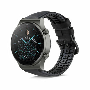 Leather / Silicone Strap, black, on a watch, 3/4 front view