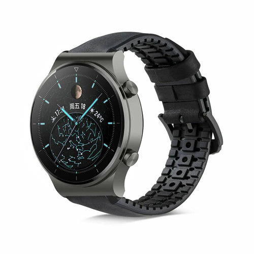 Leather / Silicone Strap, black, on a watch, 3/4 front view