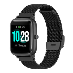 Milanese Strap, black, on a watch, 3/4 front view