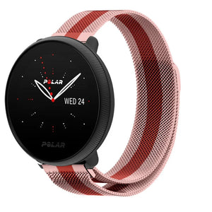 Milanese Strap, red/pink, on a watch, 3/4 front view