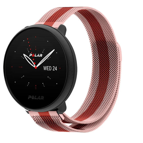 Milanese Strap, red/pink, on a watch, 3/4 front view