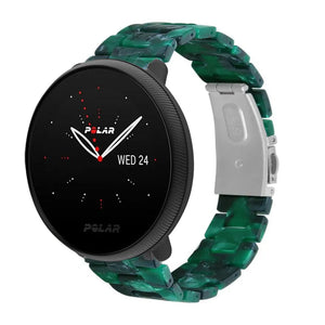 Metal Resin Strap, green, on a watch, 3/4 front view