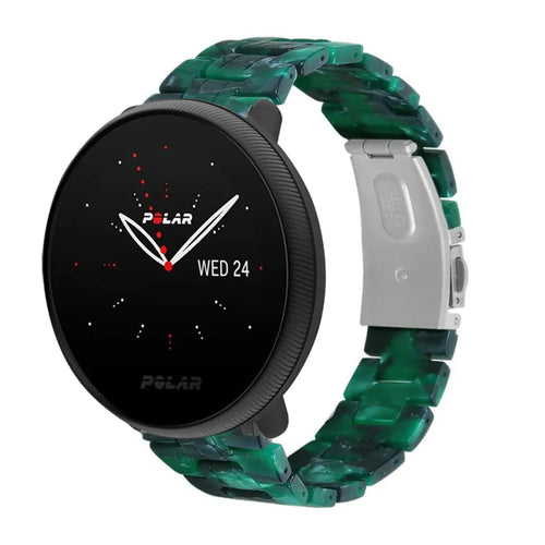 Metal Resin Strap, green, on a watch, 3/4 front view