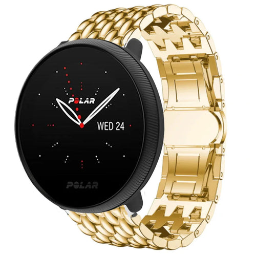 Steel Dragon Strap, gold, on a watch, 3/4 front view