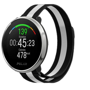 Milanese Strap, black/white, on a watch, 3/4 front view