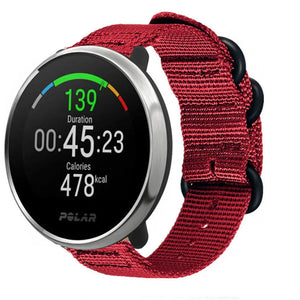 Nylon Buckle Strap, red, on a watch, 3/4 front view