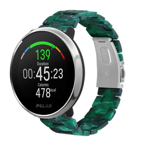 Metal Resin Strap, green, on a watch, 3/4 front view