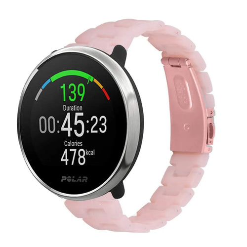 Metal Resin Strap, pink, on a watch, 3/4 front view
