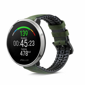 Leather Hybrid Strap, green, on a watch, 3/4 front view