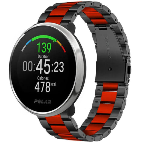 Steel Strap, black/red, on a watch, 3/4 front view