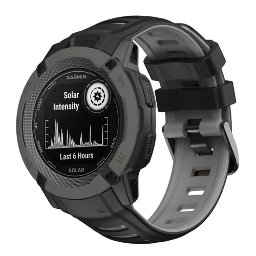Silicone Sport Strap, black/grey, on a watch, 3/4 front view