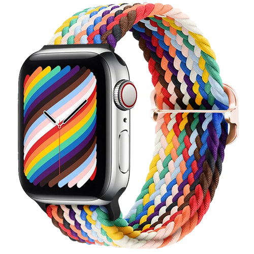 Nylon Adjustable Braided Strap, rainbow, on a watch, 3/4 front view