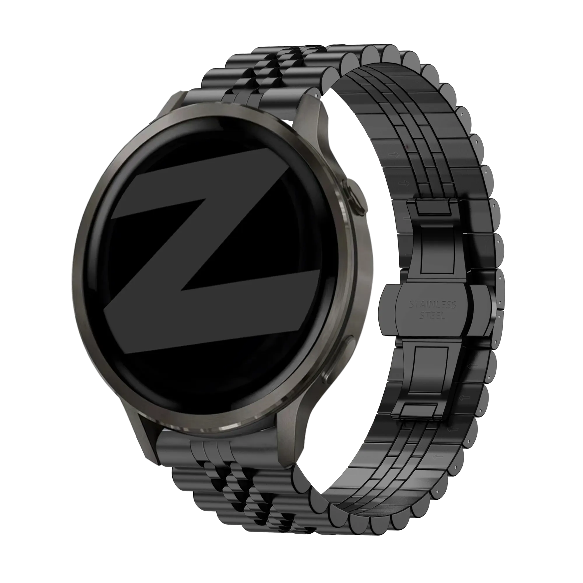 Steel Strap 'Jubilee', black, on a watch, 3/4 front view