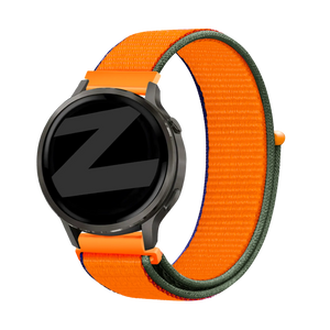 Nylon Loop Strap, kumquat, on a watch, 3/4 front view