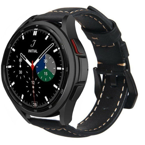 Leather Strap, black, on a watch, 3/4 front view