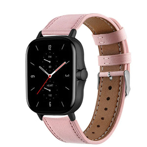 Modern Leather Strap, pink, on a watch, 3/4 front view
