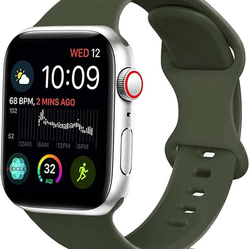 Silicone Strap, army green, on a watch, 3/4 front view