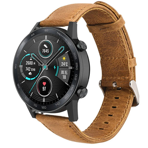 Leather Strap, brown, on a watch, 3/4 front view