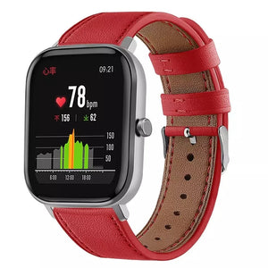 Modern Leather Strap, red, on a watch, 3/4 front view