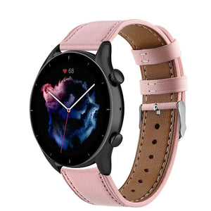 Modern Leather Strap, pink, on a watch, 3/4 front view