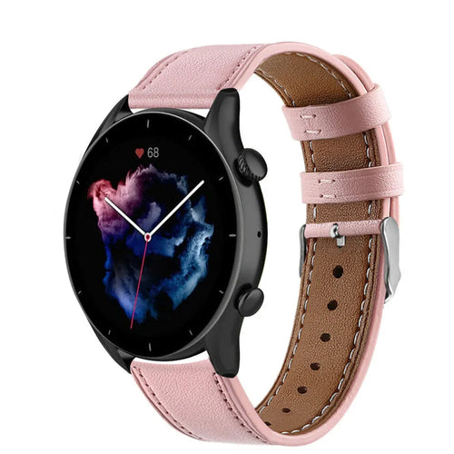 Modern Leather Strap, pink, on a watch, 3/4 front view